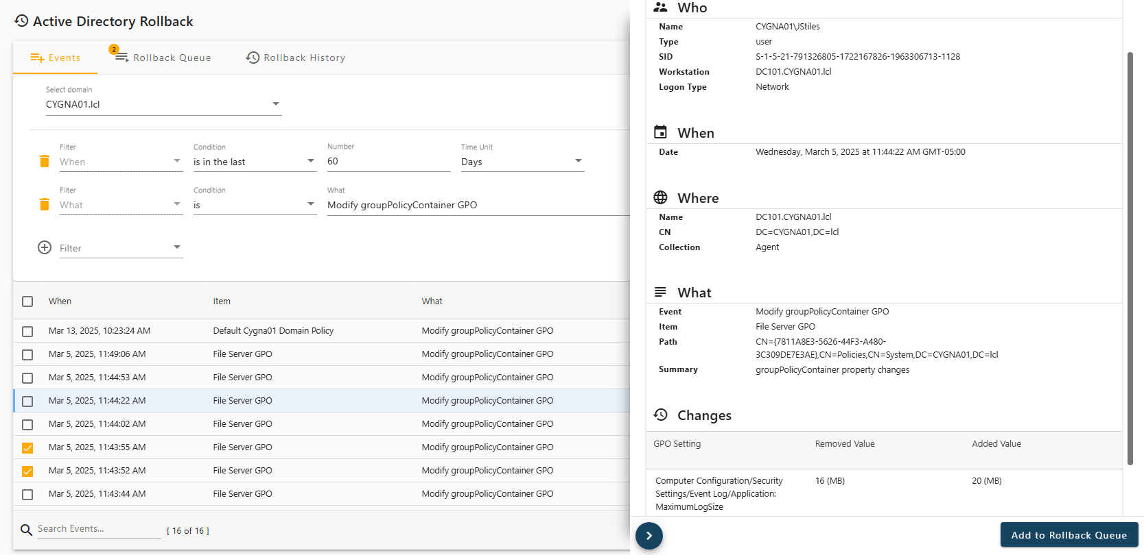 Cygna Auditor for Active Directory : Rollback changes